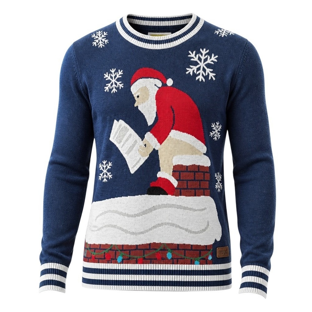 Tipsy Elves Ugly Christmas Sweater Santa Chimney Men M Blue Funny Gag Gift Party